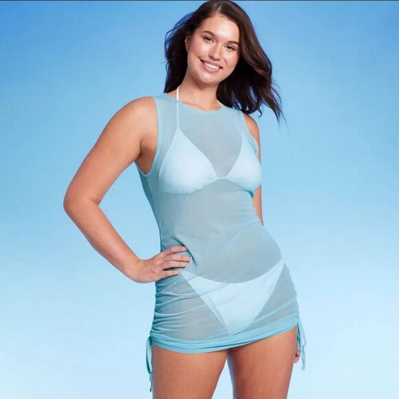 Women's Mesh Drawstring Ruched Sleeveless Cover Up Dress - Wild Fable Blue XS - Picture 4 of 4